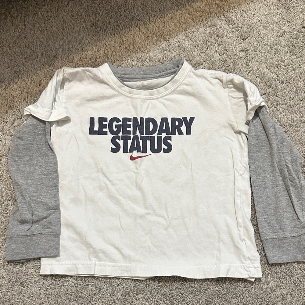 Nike Kids Long Sleeve Tee in White and Gray with Legendary Print